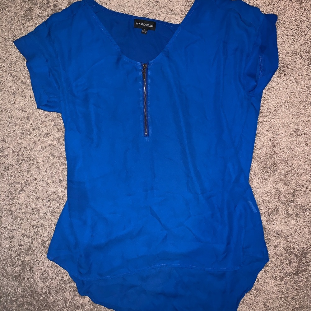 Blue sheer zipper front top